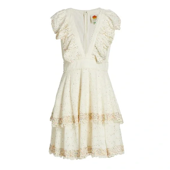 farm rio eyelet beaded mini dress Bead-embellished printed cotton-poplin mini dress - brown